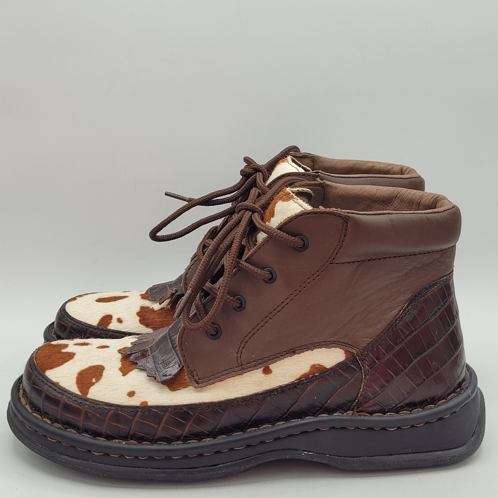 Double H women's brown leather and cow hair print lace-up boots Size 7.5